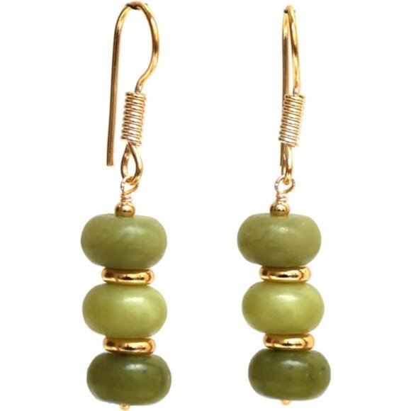 Green Opal Gemstone Dangle Earrings | Gold Plated Brass | Lightweight - Picture 1 of 5